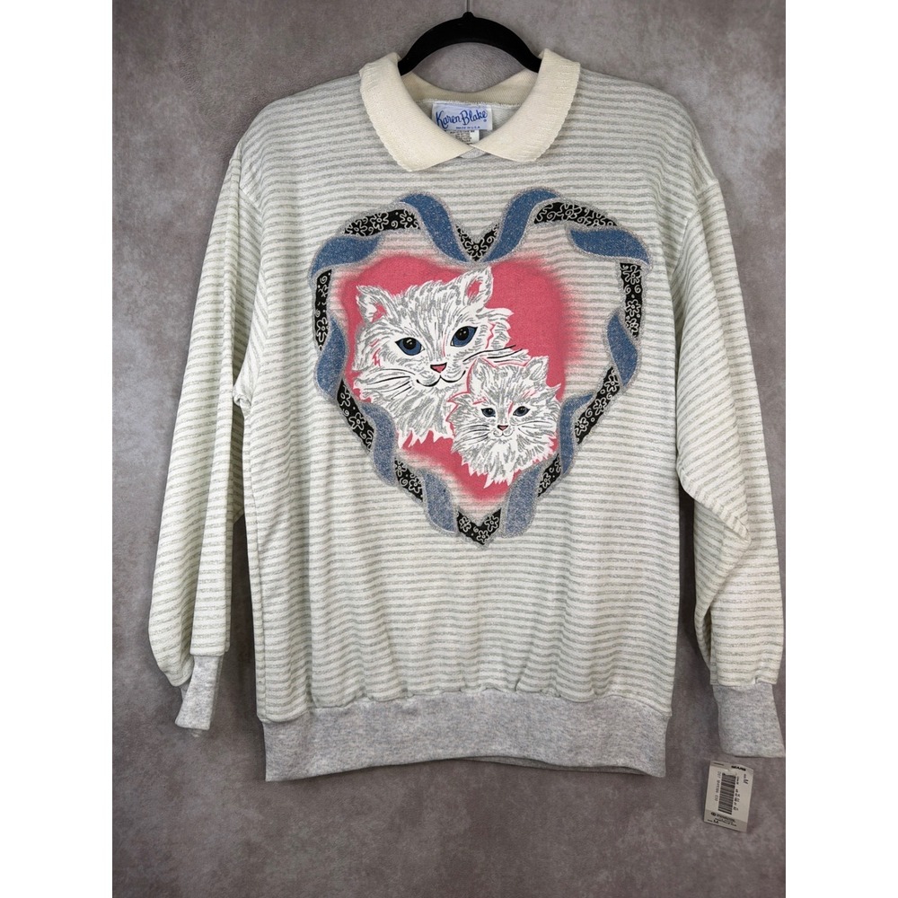 NWT‎ VTG 90s Karen Blake Sweatshirt Women Medium White Cat Heart Glitter Puff